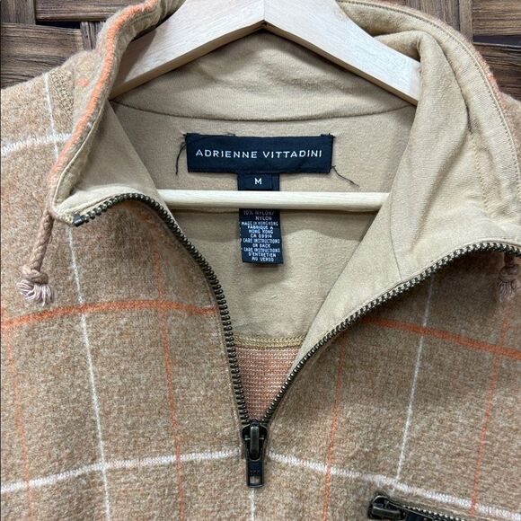 Adrienne Vittadini Tan Checkered Zip-Up Wool Sweater - Picture 2 of 2